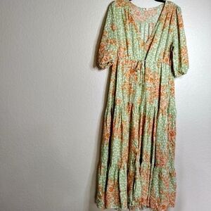 ABEL THE LABEL Dress Wild Bloom Boho Maxi Green V Neck Floral Cottage sz M